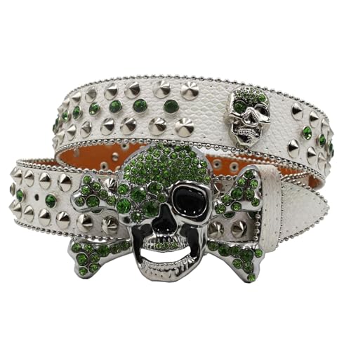 Rhinestone Skull Head Belt for Men Women–Trendy Punk Fashion with Stylish Studded Design, Perfect for Hip Hop and Jeans(125cm/49, Green)