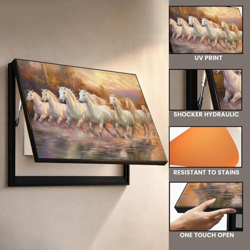 Image of Electric MCB Box Cover Frame With Hydraulic Decorative Painting White 7 Running Horse Painting Electrical Panel box Cover, Switch Box Frame Will Fit Max 10x14 inch Switch Board, Outer Size 13X17 Inch