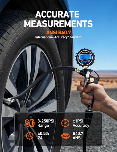 Image of AstroAI Digital Tire Pressure Gauge with Inflator, 3-250PSI Air Compressor Accessories with Heavy Duty Air Chuck Quick Connect Coupler, Fits 1 /4 inch NPT - for Car Truck SUV RV, 1 Pack Compact