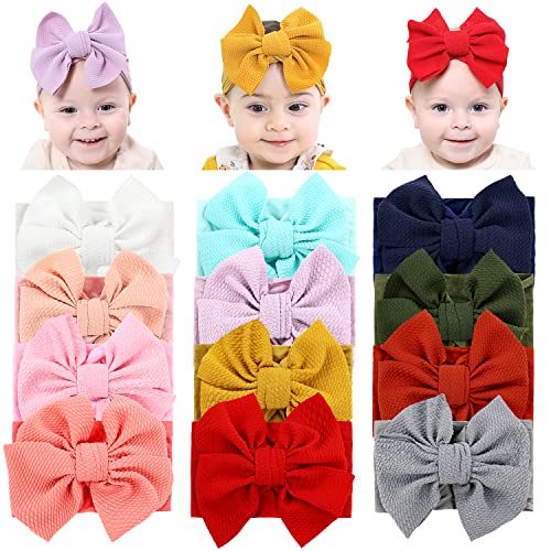 Image of Dizila 12 Pack Elastic Wide Nylon Headbands with Big Bow Hairbands Turban Headwraps Hair Accessories for Baby Girls Newborns Infants Toddlers Kids