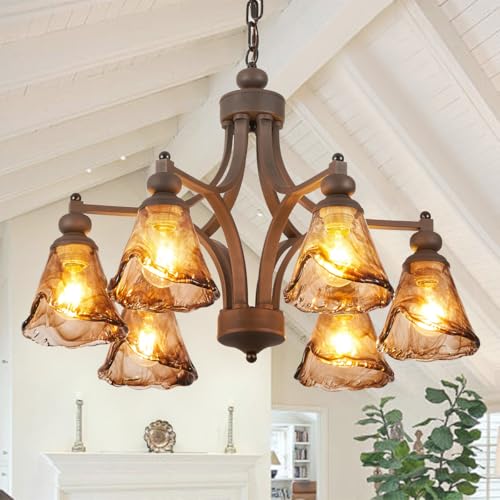 Lanpesting Vintage Farmhouse Chandelier, 27 Inch Adjustable Amber Glass Rust-Finish