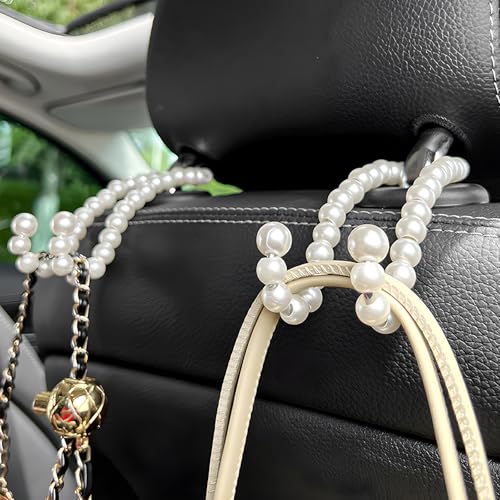 NYTKL 2PCS Elegant Pearl Car Seat Headrest Hook, Cute Vehicle Back Seat Hanger Purse Hook, Auto Interior Decor Strong Load-Bearing Headrest Hanger for Handbag Keys Grocery Bags