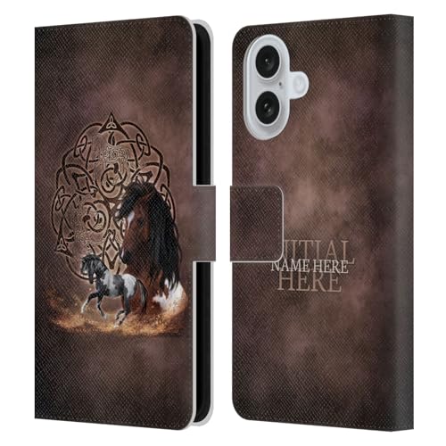 Coque cuir portefeuille iPhone 16 cheval personnalisé avec initiale et nom