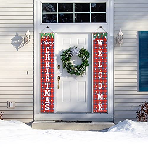 Merry Christmas Banner, Buffalo Plaid Welcome Banner - Front Porch/Door Sign for Indoor/Outdoor Wall
