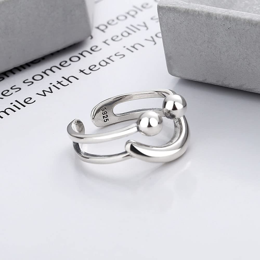 925 Sterling Silber Doppelter geometrischer Öffnungsring, Kreativer Ausdruck Smiley Ring, Einfacher Schmuck Geschenke für Männer und Frauen