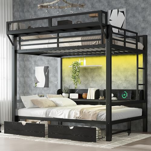 La mejor comparación de Literas Con Sofa Cama Debajo disponible en línea. 42 Litera de Metal Completo con cajones y estantes de Almacenamiento, literas Resistentes con Luces LED y estación de Carga para niños, Adultos, Convertibles en un sofá Cama, Color...