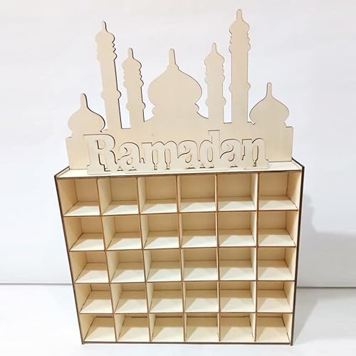Miniatura 2 de ULTNICE Calendario de Adviento de madera, calendario de cuenta regresiva de Eid Mubarak, cajón de madera, decoración de Ramadán musulmán para