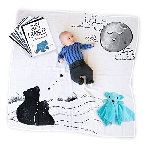 Image of JumpOff Jo - Baby Bundle: Baby Swaddle Blanket & 24 Milestone Cards - Photoshoot Props, Soft Breathable Baby Blanket, 47 inch x 47 inch (Bear Blue)