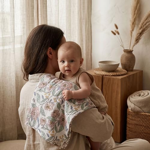 Image of Muslin Receiving Blankets, Neutral Blanket Swaddling for Newborn Boys and Girls, 5 Pack Breathable and Skin-Friendly Swaddle Wrap for Infant Baby (Pink Flower)