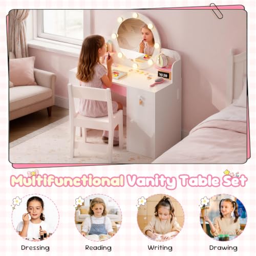 Image of Teckid Kids Vanity Table and Chair Set with Lighted Mirror Storage Drawers Shelves for Little Girls | Open Bookshelf, Shelves, Drawers and Storage Cabinet