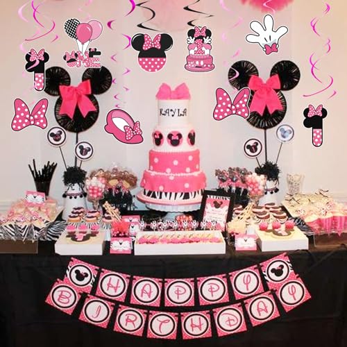Image of Pink 1st Birthday Hanging Swirl Decorations,Mouse Birthday Party Ceiling Streamers,Pink Mouse Theme Party Supplies,Party Favors for Girls Kids(38 Pcs)