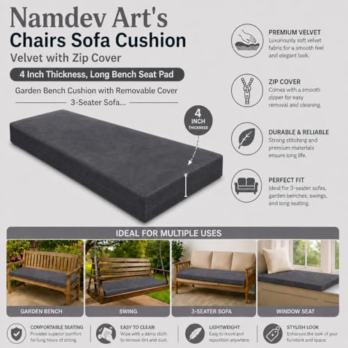 Image of Namdev Art's Chairs Sofa Cushion Pu Foam with Zip Cover 4 Inch Thickness, 3-Seater Sofa Foam Seat for Home (Grey, 60x18)