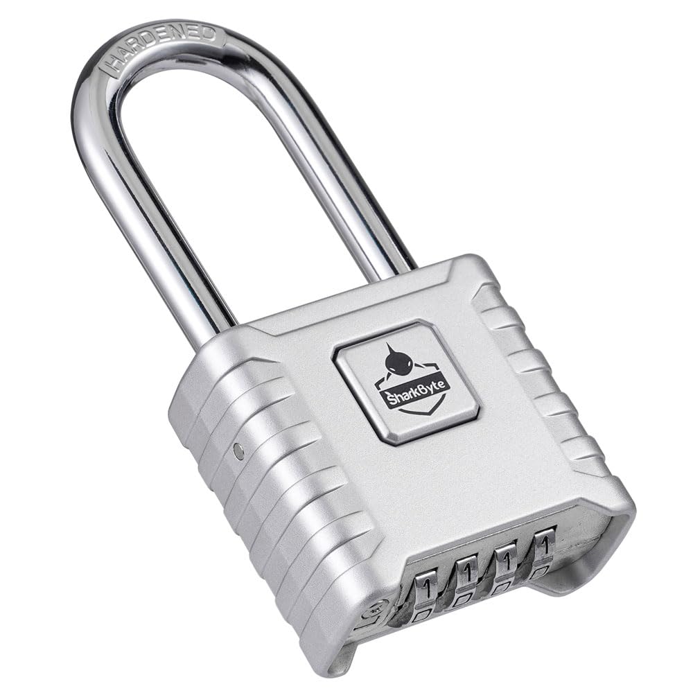 SharkByte Long Shackle Combination Padlock [Weatherproof] 52mm 4-Digit Outdoor Padlock with 8mm Stainless Steel Shackle, Anti-Rust & Resettable Code Lock for Gate, Fence, Garage, Shed, Gym - Silver