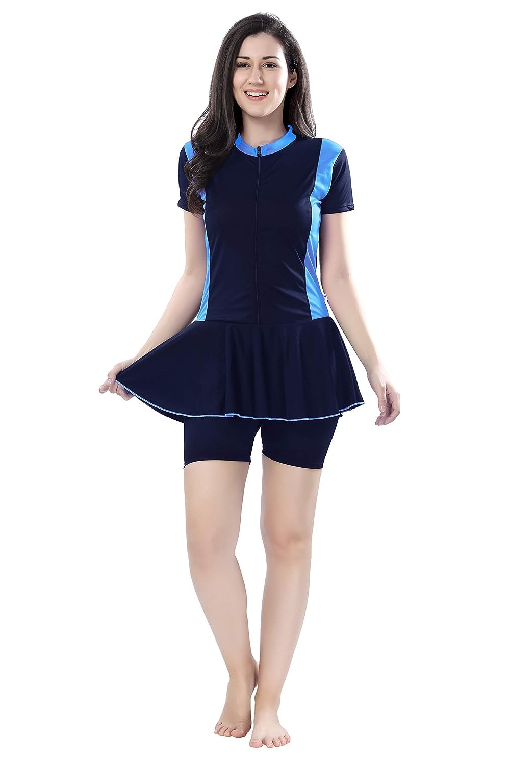 ZIUM Women Poly Jersy Frock Style Swimming Costume for Women Half Sleeves Half Length with Front Zipper (Without Pads)