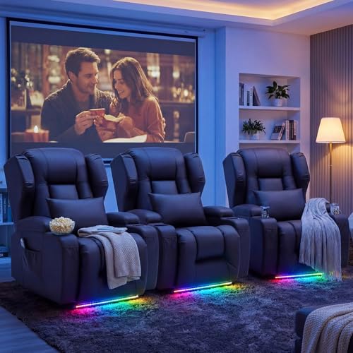 Image of Oprisen Wall Hugger Power Recliner Chair, Overstuffed Home Theater Seating w /Heat Massage Electric Movie Gaming Sofa Reclining Sleeper Chair with LED Light /Lumbar Pillow /Cup Holders