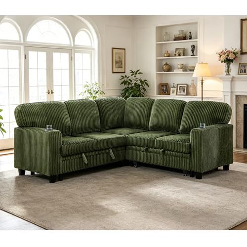 Image of KEIKI 81 inch L-Shaped Oversized Corduroy Modular Sectional Sleeper Sofa with Pull-Out Bed, Storage Seat, 5-Seater Upholstered Couch Bed with Charging Station, Easy Assembly, for Living Room, Olive Green
