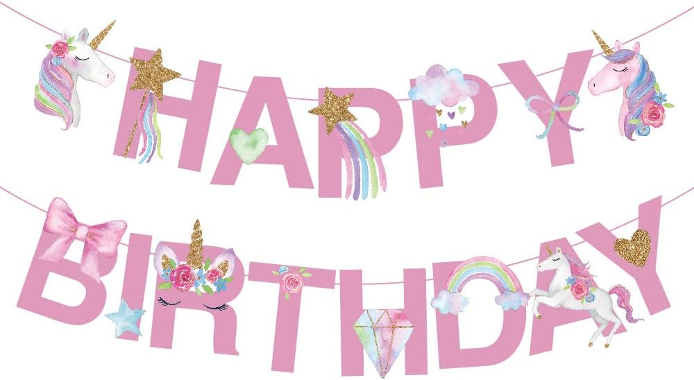 CC HOME Unicorn Happy Birthday Banner/Unicorn Party Supplies Decorations for Party Decoration,Pink