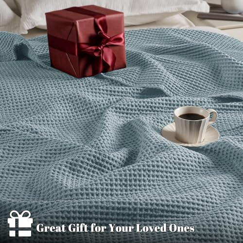 Image of PHF 100% Cotton Waffle Blanket Lightweight Breathable, Twin Size, Ocean | Pre-washed Soft Cozy Summer Throw for Hot Sleepers, Textured Decorative Layer for Bed Couch Sofa Guest Room, Giftable