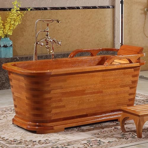 MegLob Free Standing Wooden Bathtub for Indoor Bathroom, Spa Center Solid Wood Stand Alone Tub with Tub Chair & Pop-Up Drain, Contemporary Soaking Wooden Tub with Handrails,140cm/55.19