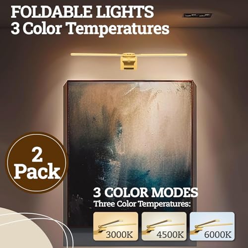 Image of 2 Pack Picture Light for Wall, 18in Rechargeable Wall Art Light with Timer and Dimmable, Battery Operated Painting Frame Light with Remote Control for Bedroom, Living Room, Dartboard (Gold)