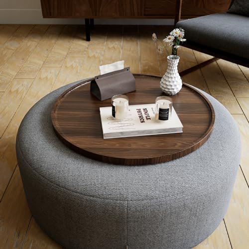 Hanobe Large Ottoman Serving Tray: Round Walnut Veneer Wooden Decorative Coffee Table Tray Rustic Circle Big Charcuterie Board Farmhouse Home Decor for Living Room 45cm - Image 3
