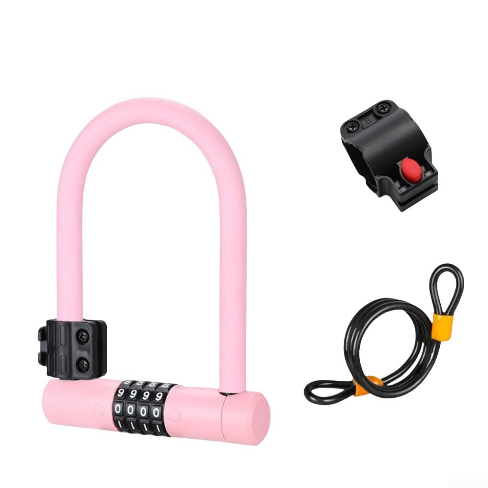 Lucchetto a D per bici da strada, ebike, scooter, con combinazione antifurto, resistente, colore: rosa
