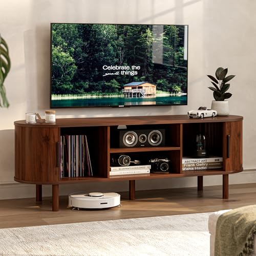 Image of ZttRiee TV Stand with Sliding Doors for TVs up to 60 inch, Mid-Century, Walnut | 55 inchW x 18.5 inchH x 15.7 inchD, 200 lbs top / 50 lbs shelf, 2 central shelves & 2 side cabinets, rounded corners, ~60 min assembly