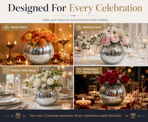 Image of Decorative Crackle Glass Flower Vase for Home Decor, Silver Mercury Glass Vase for Fresh & Artificial Flowers, Modern Centerpiece for Living Room, Dining Table, Office & Gifting