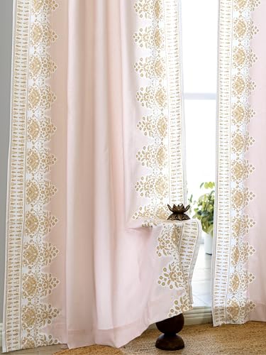 Image of Tranquebar Curtain Co. Window Curtains 5 Feet, 60-65% Room Darkening, Pink-Yellow Floral Print, Cotton Curtains for Window, Cotton Curtains 5 Feet Long Set of 2, BackTab Loops,Zia (152 cm) - Set of 2
