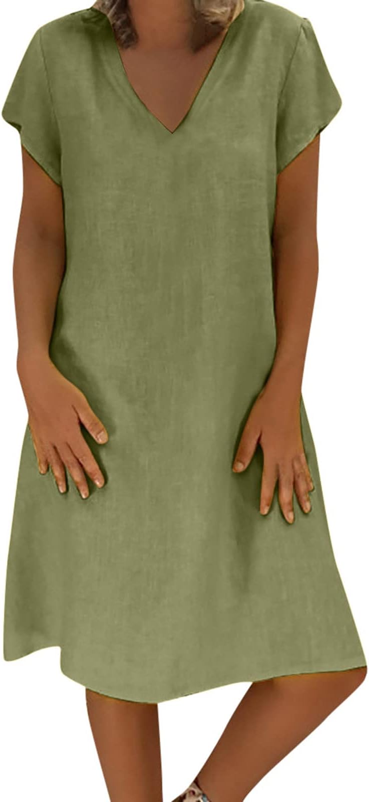 AMhomelyWomen Dresses Clearance Casual Party Elegant Dresses Ladies Loose V-Neck Summer Solid Short Sleeve Cotton Linen Dress UK Size Sale Work Dress Office Dress Plus Size Wedding Guest
