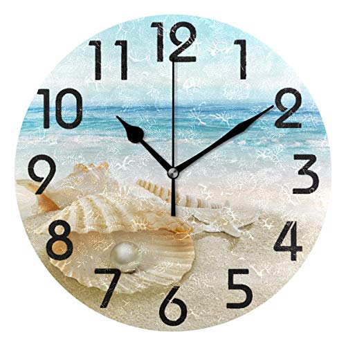 Naanle 3D Stylish Beautiful Summer Beach Seashell With Big Pearl Print Round Wall Clock Decorative, 9.5 Inch Battery Operated Quartz Analog Quiet Desk Clock For Home,Office,School #TOP12