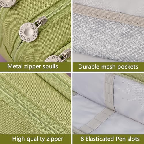 Image of MAMUNU Large Capacity Pencil Case, 3 Compartments Canvas Pencil Pouch with Zipper, Aesthetic Pencil Pen Pouch for School Students Teen Girls Boys, Green