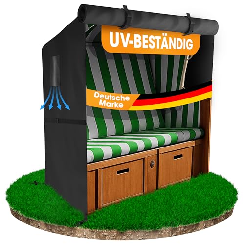 Naturiz® Premium Strandkorb Schutzhülle Winterfest - wetterfest - wasserdicht/Strandkorb Abdeckung reißfest & UV-beständig mit Belüftungsfenstern, 600D Oxford (Schwarz, 155)