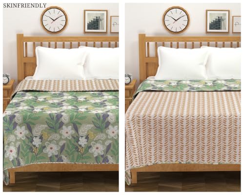 Image of VAS COLLECTIONS Pure Cotton 120 GSM Reversible Soft Lightweight Printed Single Bed Blanket /AC Dohar /Skin Friendly Dohar-152 x 225 cm - Light Green & Beige