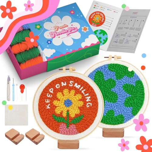 yuegool Kit de decoración de agujas de perforación, kit de bordado de aguja de perforación fácil para principiantes, adultos y niños, incluyendo patrones, herramientas, hilos, aro, instrucciones