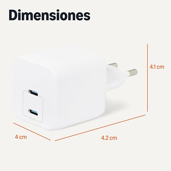 Amazon Basics Cargador de Pared USB-C Nano GaN de Carga Rápida, 35W y 2 Puertos para Tablets y Teléfonos, Blanco - 5