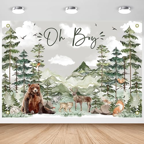 Image of Avezano Oh Boy Backdrop Forest Adventure Baby Shower Photography Background Mountain Wilderness Woodland Baby Shower Decorations Watercolor Greenery Forest Party Photoshoot Banner (7 x 5 ft)