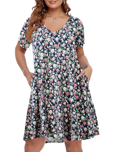 Image of BELAROI Women Casual Summer Dresses Loose Tshirt Beach Sundress V Neck Plus Size Swing Tunic Pockets