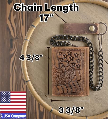 Image of F&L CLASSIC RFID Blocking Men's Tri-fold Vintage Biker Cowhide Leather Steel Chain Wallet,Snap closure, brown,eagle flag,315-101