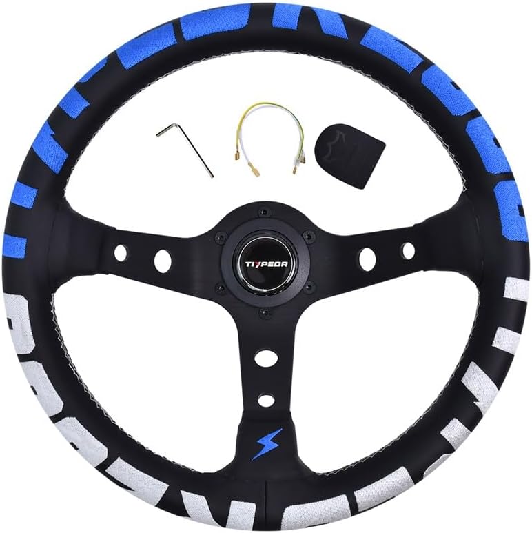 Racing Adventure Car Steering Wheel 320mm 12.5" Black Microfiber Leather/Suede Grip Aluminum Frame Deep Dish 3" Deep Sports Drifting Reinforced Steering Wheel with Horn Button