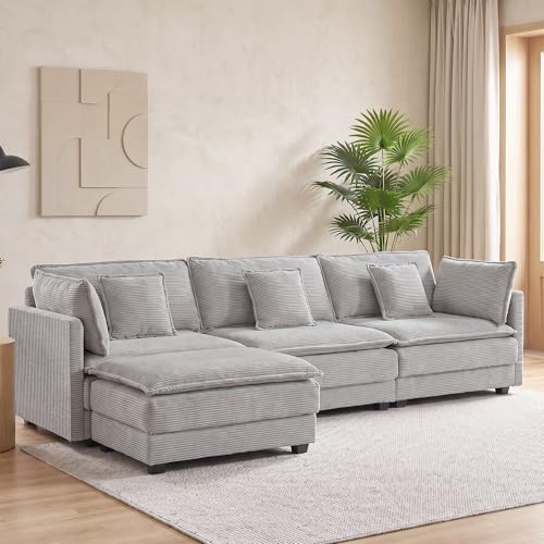 Image of Corduroy Sectional Couch, 3 Seater 113 inch L Shaped Cloud Couch with Ottoman, Modular Deep Seat Sofa with Pillows for Living Room, Apartment, Lightgrey