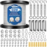 Bridokit 50M 2MM Drahtseil Edelstahl, 80Pcs 304 Stahlseil Kit, Stahlseil mit Ösen, M5 Spannschlösser, Stahlseil Ummantelt & Zeltheringe für Kletterpflanzen, Wäscheleine, String Lichter, Zeltseil