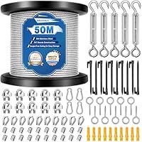 Bridokit 50M 2MM Drahtseil Edelstahl, 80Pcs 304 Stahlseil Kit, Stahlseil mit Ösen, M5 Spannschlösser, Stahlseil Ummantelt & Zeltheringe für Kletterpflanzen, Wäscheleine, String Lichter, Zeltseil