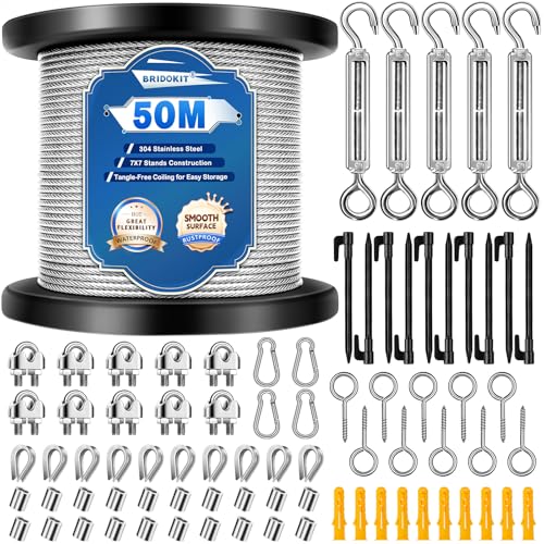 Bridokit 50M 2MM Drahtseil Edelstahl, 80Pcs 304 Stahlseil Kit, Stahlseil mit Ösen, M5 Spannschlösser, Stahlseil Ummantelt & Zeltheringe für Kletterpflanzen, Wäscheleine, String Lichter, Zeltseil