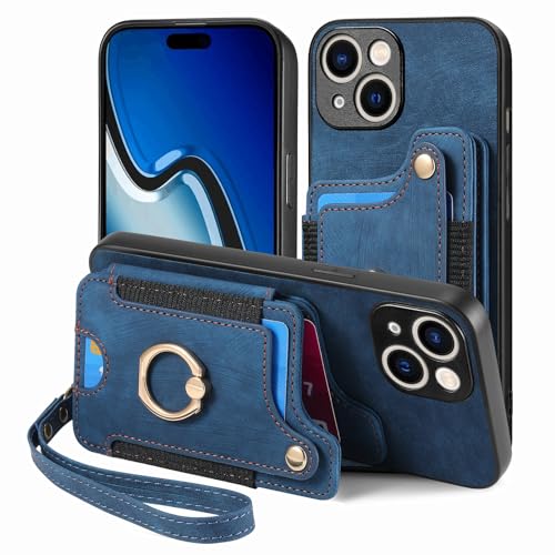 Étui portefeuille iPhone 15 Plus en cuir PU bleu chic avec porte-cartes élégant
