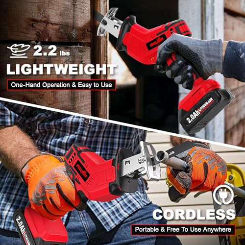 FULLYEA Cordless Reciprocating Saw, 0-3500 RPM Electric Saws with 4 Blades & 2*2.0Ah Batteries, Tool‑Free Blade Change, Handheld Saw Lightweight, Battery Reciprocating Saws for Cutting Wood PVC Pipe