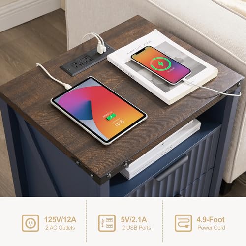 BuildHom Navy Blue Nightstand with Charging Station - 20 Inch Wide Farmhouse Fluted Bedside Table with 2 Drawers, Modern Wood End Side Table for Bedroom Study Storage Home - Image 4