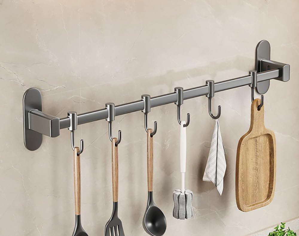 Lngfsh Gray Kitchen Utensils Rack, Aluminum Kitchen Rail Wall Mounted Rack With Hooks Organiser Kitchen Utensils Rack Wall Mounted Hanging Rail Rack Kitchen Pot Pan Hanging Rack For Kitchen (40Cm)