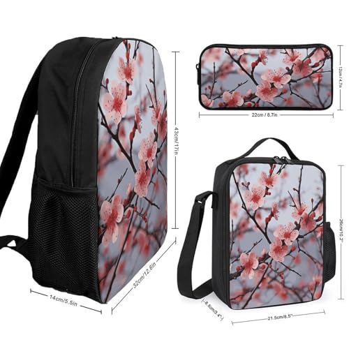 Delicate Cherry Blossoms Backpack Set Lightweight Bag Lunch Box Pencil Bags for Women Men Bookbags 3 in 12