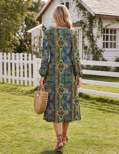 Image of Zeagoo Fall Dresses for Women Long Sleeve Midi Dress Casual A Line Dresses 2026 Pleated Flare Dress with Pockets
